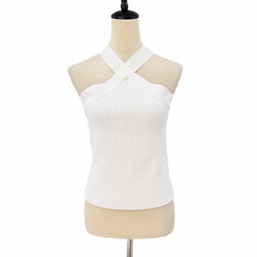 Rachel Zoe White Ribbed Knit Slim Fit Halter Casual Chic Minimalist Summer Top